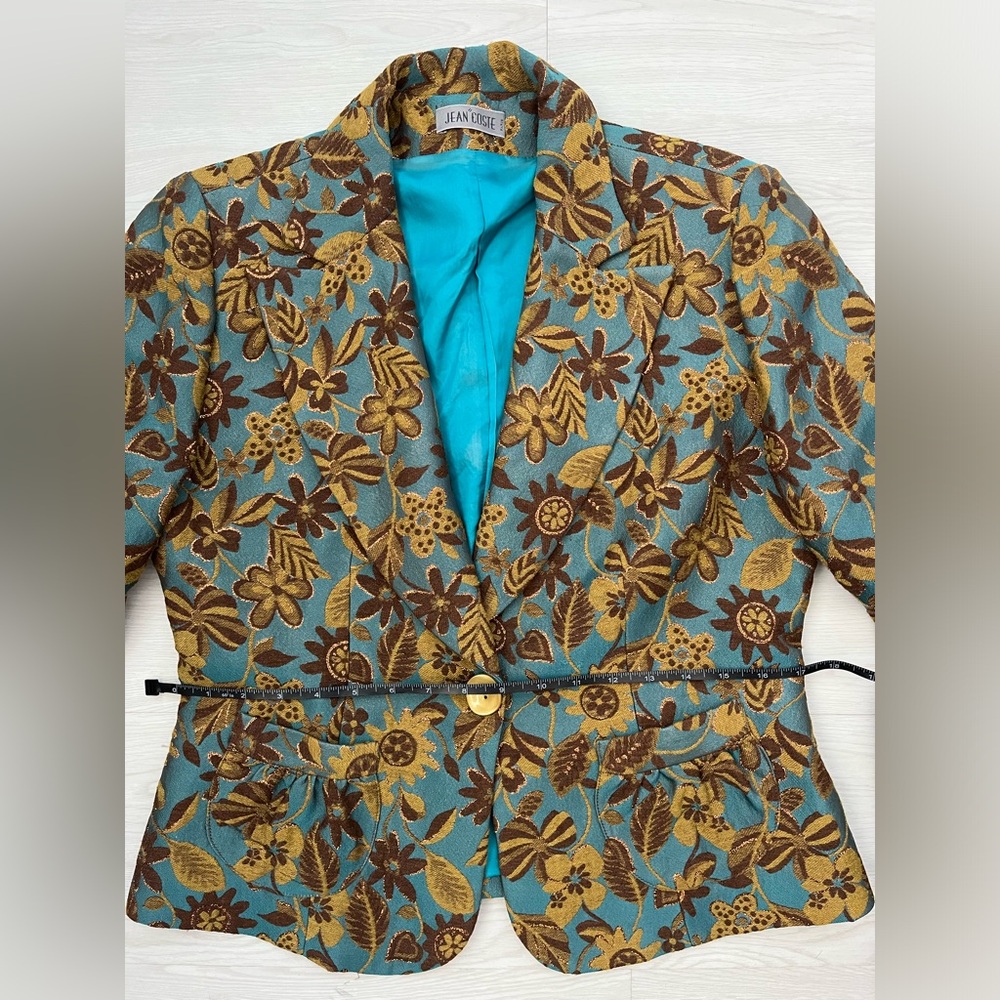 Floral Embroidered Teal Blazer with button closure by Jean Costa made in France - Picture 10 of 10